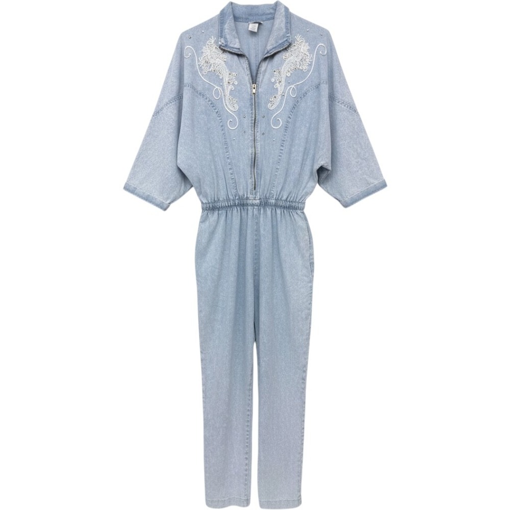 Rio Jumpsuit Womens Large Blue Denim Acid Wash Western Embroidered Pearl Studded